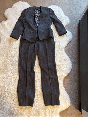 Express Women's Charcoal Pinstripe Pantsuit with Leopard Lining